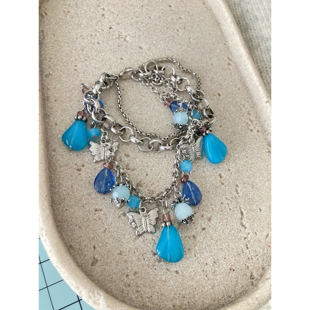 Silver‎ Tone Butterfly Charm Bracelet Blue Beads Multi Strands Whimsical Fairy